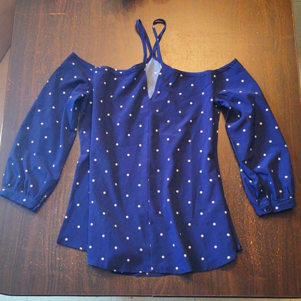 Amaryllis top, navy blue & white dots, size small